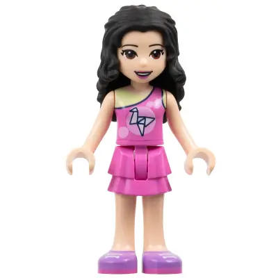  Friends Emma - Dark Pink Top with Bright Pink Circles and White Origami Crane over Yellowish Green Tank Top, Dark Pink Layered Skirt, Medium Lavender Shoes