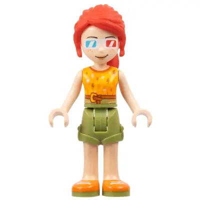  Friends Mia - Olive Green Shorts, Orange and Bright Light Orange Top with Lightning Bolts, Orange Shoes, 3D Glasses