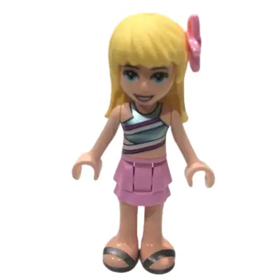  Friends Stephanie - Bright Pink Layered Skirt, Metallic Light Blue Swimsuit Top, Pearl Dark Gray Sandals, Flower