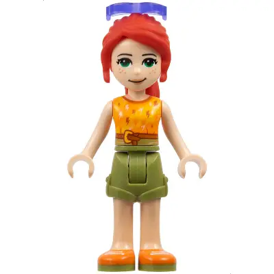  Friends Mia - Olive Green Shorts, Orange and Bright Light Orange Top with Lightning Bolts, Orange Shoes, Sunglasses