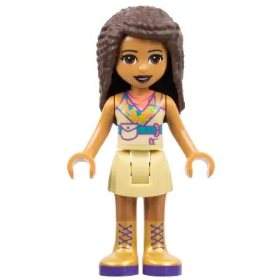  Friends Andrea - Tan Skirt, Coral, Lime and Medium Azure Top, Gold Boots