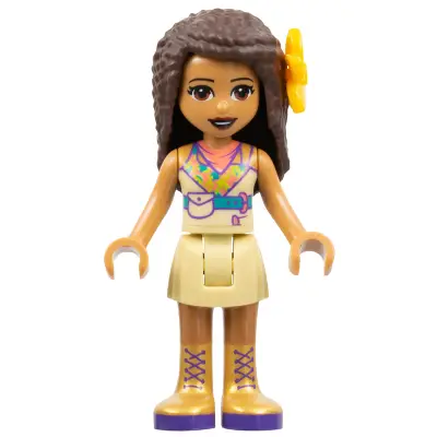  Friends Andrea - Tan Skirt, Coral, Lime and Medium Azure Top, Gold Boots, Flower