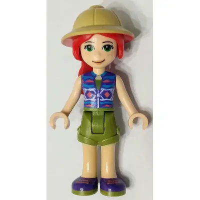  Friends Mia - Olive Green Shorts, Dark Azure and Dark Purple Patterned Sleeveless Jacket with Zipper, Pith Helmet