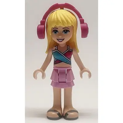  Friends Stephanie - Bright Pink Layered Skirt, Magenta and Medium Blue Swimsuit Top, Headphones