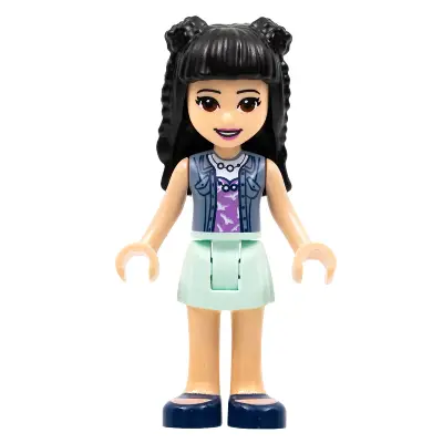  Friends Emma - Aqua Skirt, Sand Blue Vest, Black Hair with Braid Buns and Flower