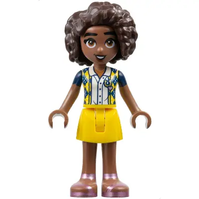  Friends Aliya - Dark Blue Vest with Diamonds over White Blouse, Yellow Skirt, Metallic Pink Sandals