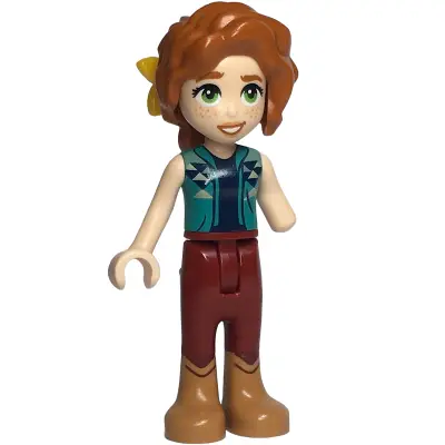  Friends Autumn - Dark Turquoise Vest over Dark Blue Shirt, Dark Red Trousers, Medium Nougat Boots, Bright Light Orange Flower