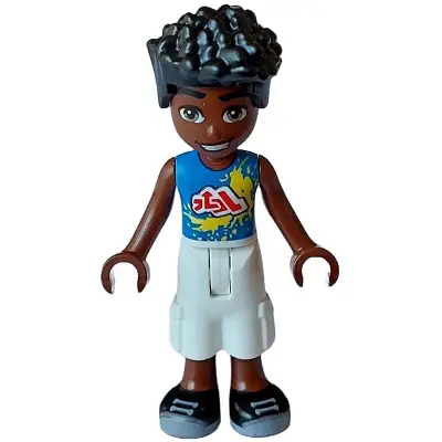  Friends Zac - Blue Shirt with Red Symbols and Yellow Splotches, White Cropped Trousers, Black Shoes