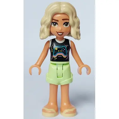  Friends Nova - Black and White Shirt with Video Game Controller, Yellowish Green Shorts, Bright Light Yellow Sandals