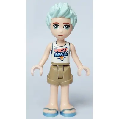  Friends Charli - White Top with Dark Blue Trim and Palm Trees, Dark Tan Shorts, Metallic Light Blue Sandals