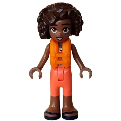  Friends Aliya - Coral and Yellow Sleeveless Wetsuit, Dark Turquoise Belt, Dark Blue Sandals, Orange Life Jacket