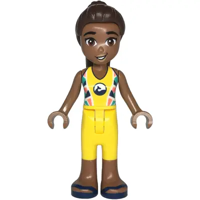  Friends Kayla - Yellow Sleeveless Wetsuit, Yellow Cropped Trousers, Medium Brown Legs, Dark Blue Sandals