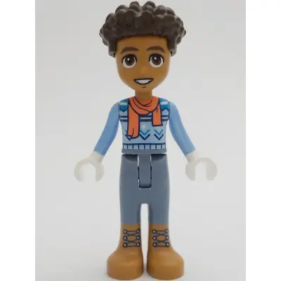  Friends Aron (Aaron) - Bright Light Blue Sweater, Coral Scarf, Sand Blue Trousers, Medium Nougat Boots