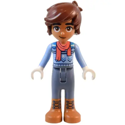  Friends Leo - Bright Light Blue Sweater, Coral Scarf, Sand Blue Trousers, Medium Nougat Boots