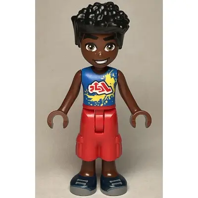  Friends Zac - Blue Shirt with Red Symbols and Yellow Splotches, Red Cropped Trousers, Dark Blue Shoes