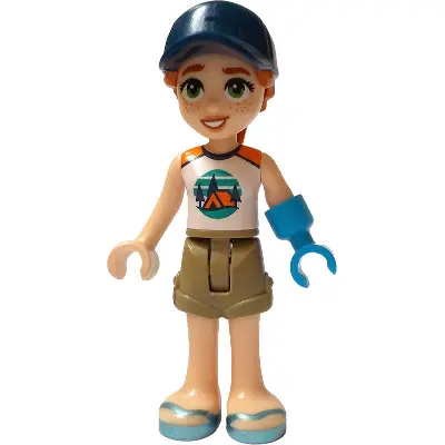  Friends Autumn - White and Orange Sleeveless Top with Tent, Dark Tan Shorts, Metallic Light Blue Sandals, Prosthetic Hand