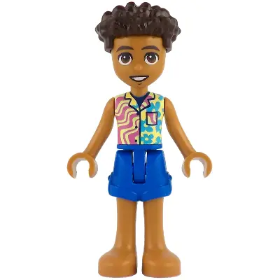  Friends Aron - Yellowish Green and Bright Light Yellow Shirt with Dark Azure Flowers and Dark Pink Wavy Lines, Blue Shorts, Bare Feet