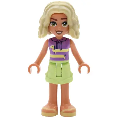  Friends Nova - Medium Lavender Sleeveless Hoodie with Dachshund, Yellowish Green Shorts, Bright Light Yellow Sandals