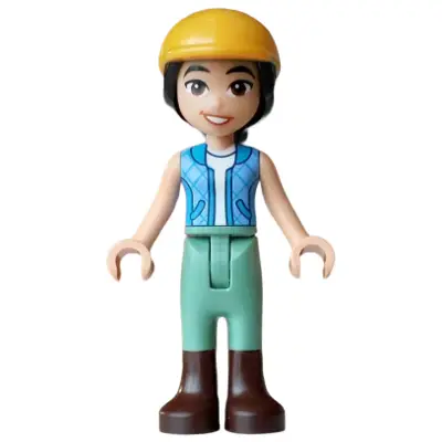  Friends Liann - Dark Azure and Bright Light Blue Vest  over White Top, Sand Green Trousers, Dark Brown Boots, Bright Light Orange Horse Riding Helmet