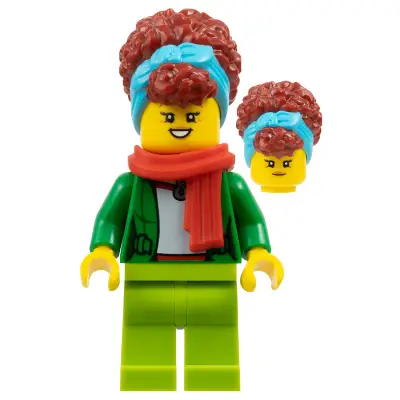  Woman - Green Jacket, Lime Legs, Medium Azure Head Wrap, Dark Red Hair, Red Scarf