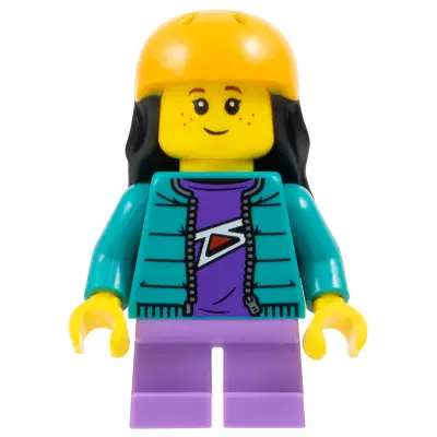  Child - Girl, Dark Turquoise Jacket over Dark Purple Shirt, Medium Lavender Short Legs, Bright Light Orange Sports Helmet, Black Long Hair