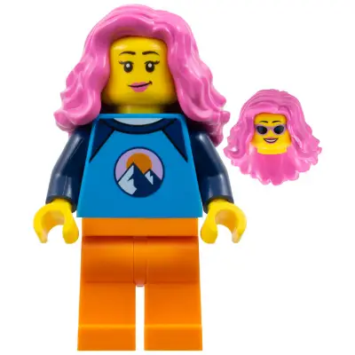  Saxophone Player - Female, Dark Azure and Dark Blue Shirt with Mountains, Orange Legs, Dark Pink Wavy Hair