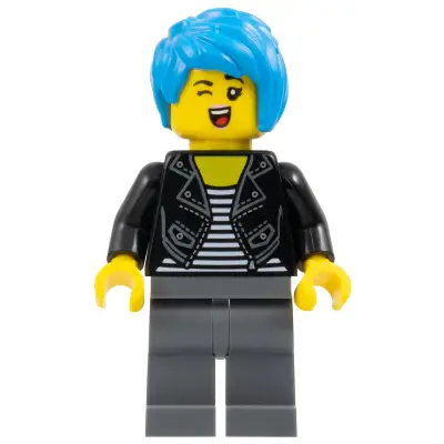  Photographer -  Female, Black Leather Jacket over Shirt with White Stripes, Dark Bluish Gray Legs, Dark Azure Tousled Hair