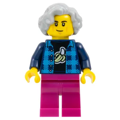  Man - Dark Azure and Dark Blue Flannel Shirt over Black Banana T-Shirt, Magenta Legs, Light Bluish Gray Wavy Hair