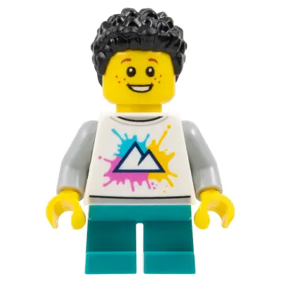  Child - Boy, White Shirt with Mountains Logo, Dark Turquoise Short Legs, Black Short Coiled Hair, Freckles
