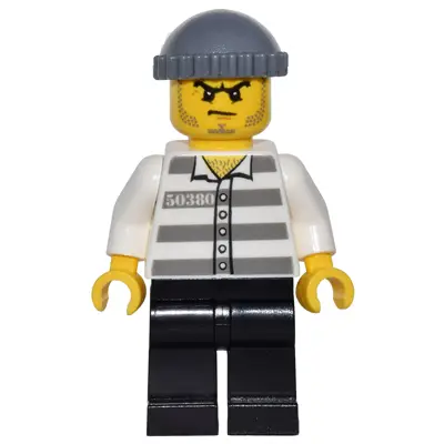  Police - Jail Prisoner 50380 Prison Stripes, Black Legs, Dark Bluish Gray Knit Cap, Beard Stubble and Scowl