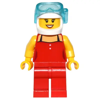  Red Female Top with 2 White Buttons and Black Straps, Red Legs, White Helmet, Scuba Mask, Dark Orange Lips, Open Mouth Smile