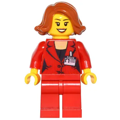  Press Woman / Reporter - Red Legs, Dark Orange Female Hair Short Swept Sideways, Dark Orange Lips, Open Mouth Smile