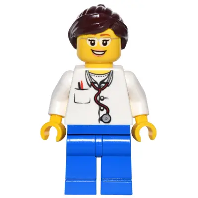 Doctor - Lab Coat Stethoscope and Thermometer, Blue Legs, Dark Brown Ponytail and Swept Sideways Fringe, Glasses and Smile