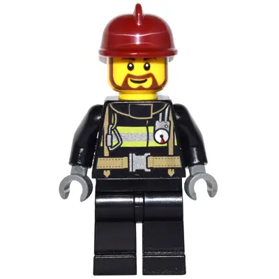  Fire - Reflective Stripes with Utility Belt, Black Legs, Dark Red Fire Helmet, Brown Beard Rounded