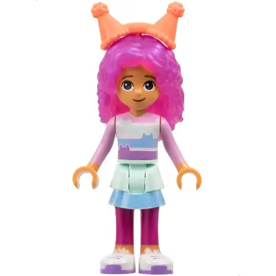  Gabby - Striped Shirt, Layered Skirt over Magenta Leggings, Satin Trans-Dark Pink Hair, Coral Party Hats