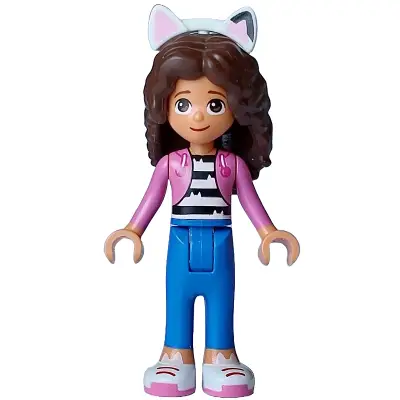  Gabby - Dark Pink Jacket over Black and White Striped Shirt, Blue Trousers, Dark Brown Hair with Internal Supports