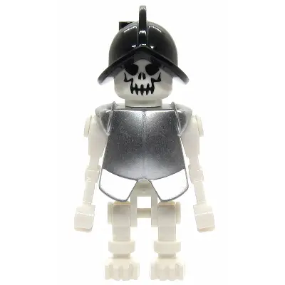  Skeleton, Fantasy Era Torso with Evil Skull, Black Conquistador Helmet, Metallic Silver Armor