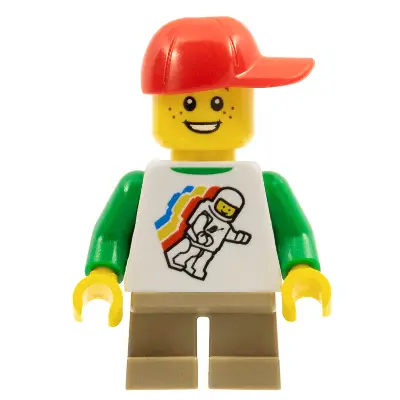  Classic Space Minifigure Floating Pattern, Short Dark Tan Legs, Red Short Bill Cap with Seams