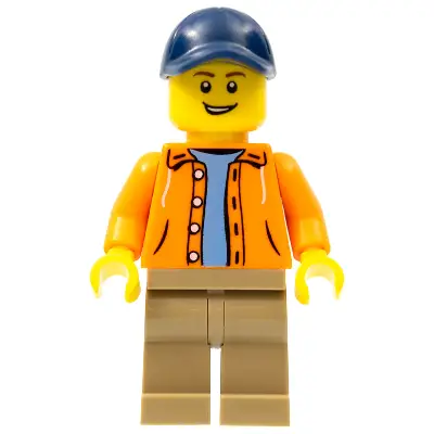  Orange Jacket with Hood over Light Blue Sweater, Dark Tan Legs, Dark Blue Cap with Hole