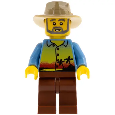  Sunset and Palm Trees - Male, Reddish Brown Legs, Tan Fedora, Beard