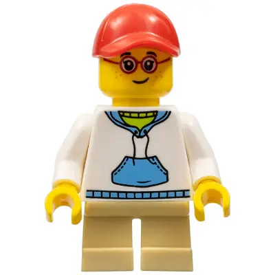  Child - Boy, White Hoodie with Medium Blue Pocket, Tan Short Legs, Red Cap, Glasses, Freckles