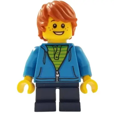  Child - Boy, Dark Azure Hoodie, Dark Blue Short Legs, Dark Orange Tousled Hair, Freckles, Smile with Teeth