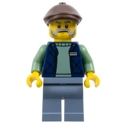  Corner Kiosk Vendor - Male, Dark Blue Bodywarmer over Sand Green Sweater, Sand Blue Legs, Dark Brown Flat Cap
