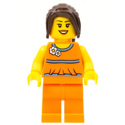  Orange Halter Top with Medium Blue Trim and Flowers Pattern, Orange Legs, Dark Brown Hair Ponytail Long with Side Bangs