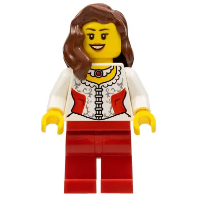  White Lace Blouse with Red Side Panels and Ruby Necklace, Red Legs, Reddish Brown Female Hair over Shoulder, Black Eyebrows