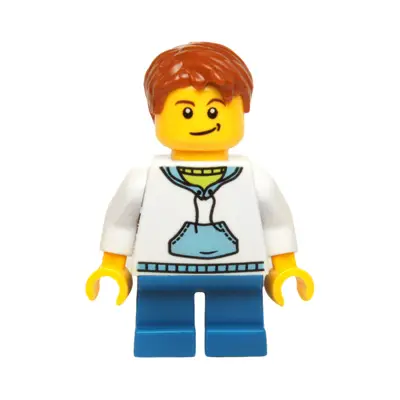  Child - Boy, White Hoodie with Medium Blue Pocket, Blue Short Legs, Dark Orange Hair, Black Dimple
