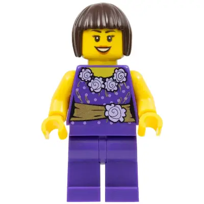  Female Dark Purple Blouse with Gold Sash and Flowers, Dark Purple Legs, Dark Brown Bob Cut Hair
