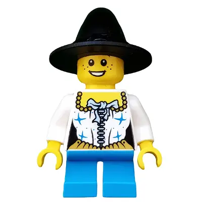  Girl, Black Wizard / Witch Hat, Pirate Female Corset, Short Dark Azure Legs, Freckles