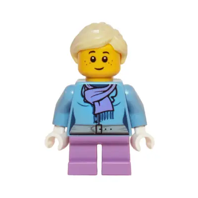  Medium Blue Jacket with Light Purple Scarf, Medium Lavender Short Legs, Bright Light Yellow Ponytail and Swept Sideways Fringe