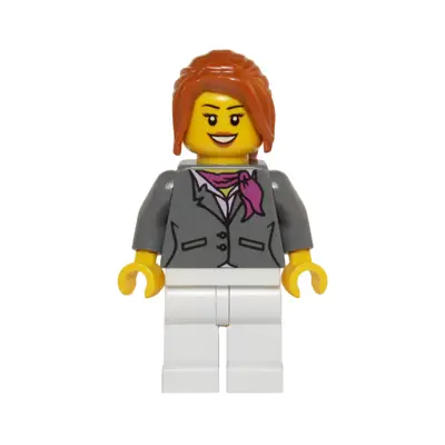  Dark Bluish Gray Jacket with Magenta Scarf, White Legs, Dark Orange Hair Ponytail Long with Side Bangs